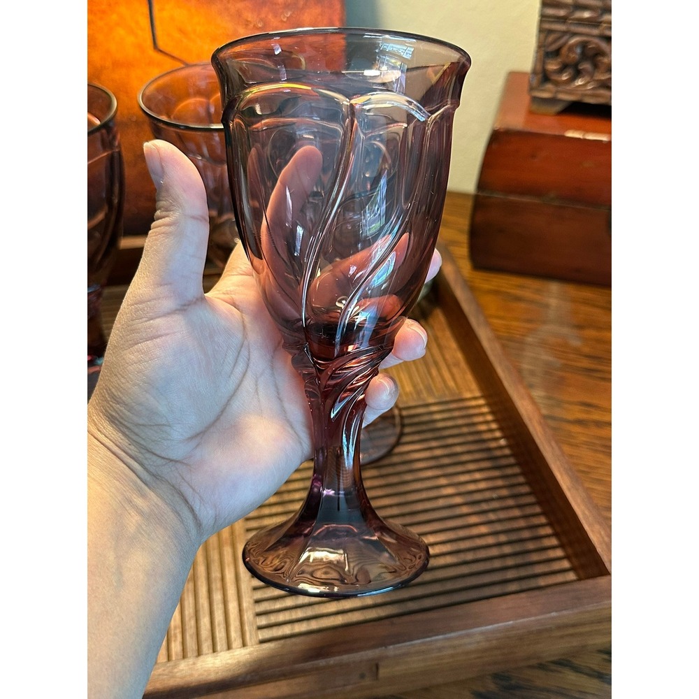 Set of 4 Noritake Sweet Swirl Amethyst Glass Goblets Vintage Purple Wine Water - Picture 4 of 13